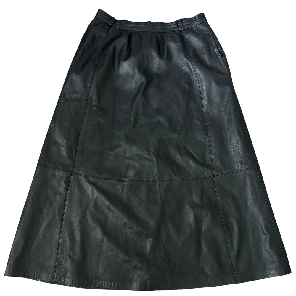 Vintage Stockmann Black Genuine Leather Midi Skirt Sz 6/28